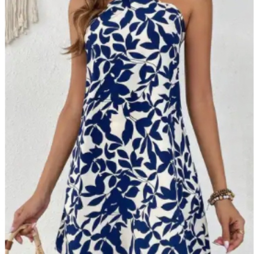 NWOT Elegant Blue and White halter Dress